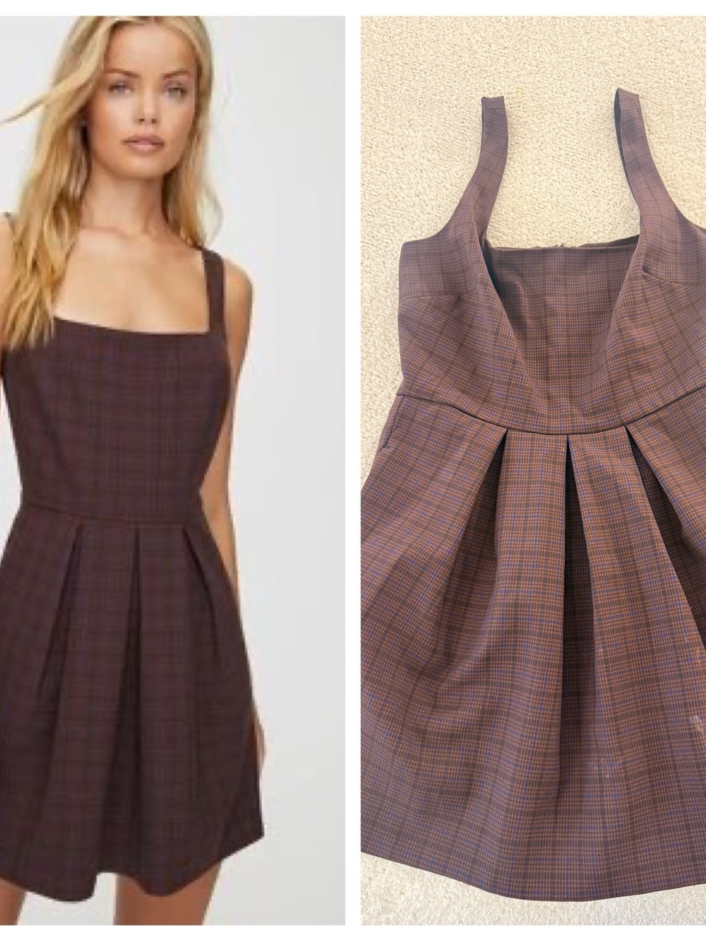 Aritzia Sunday Best Plaid Square-Neck Mini Dress in Brown Size 6
